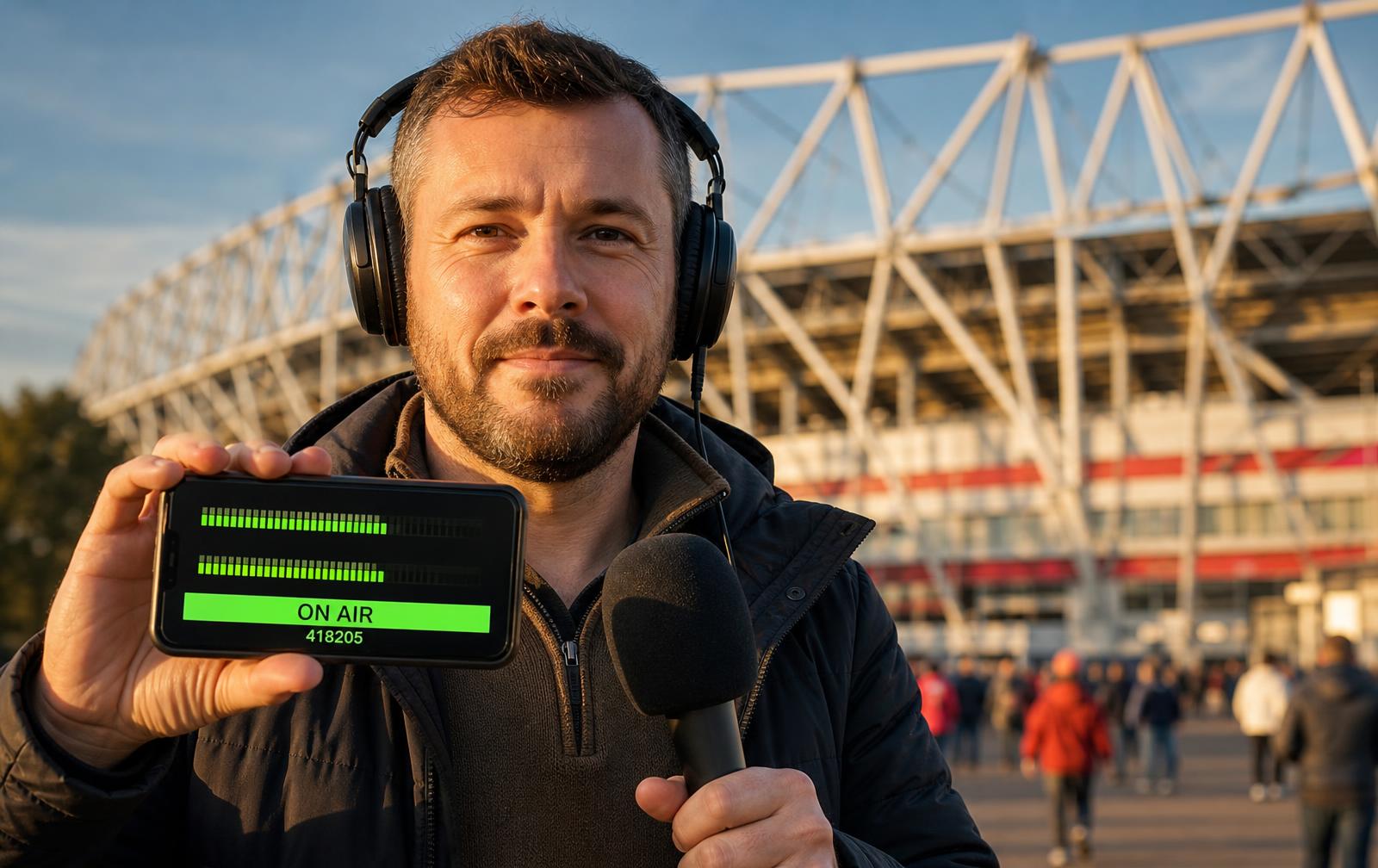 Reporter outside a stadium holding a phone running Pro-Link, showing audio meters and a green ON AIR bar