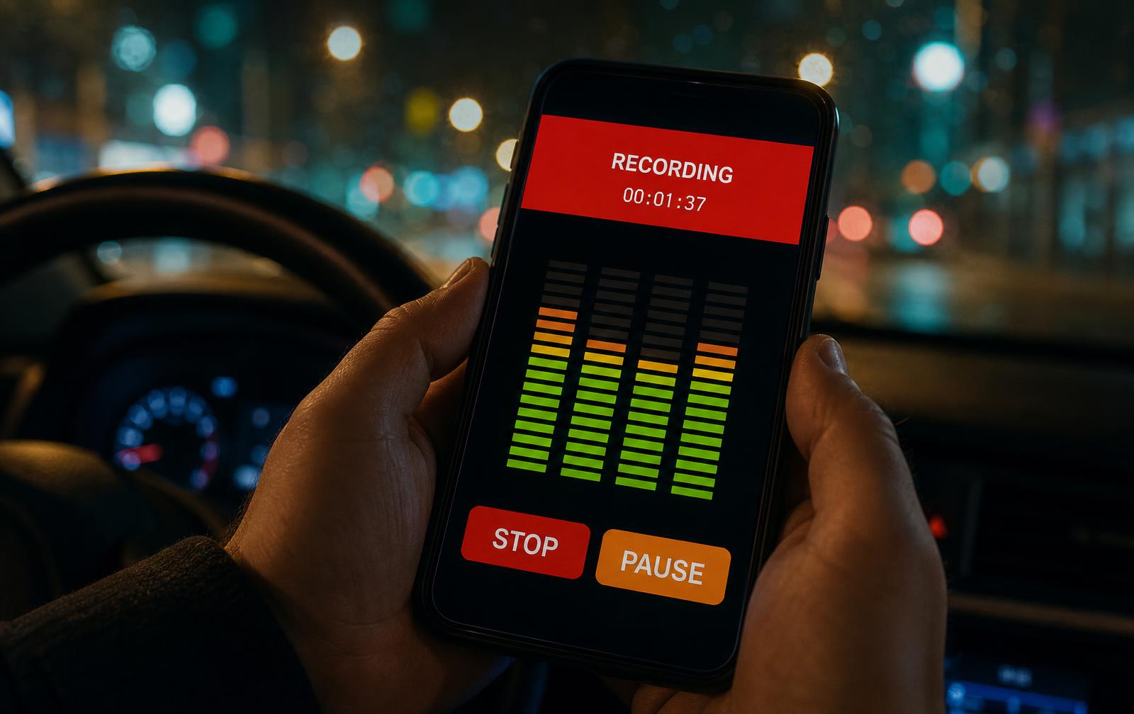 Pro-Link recording on a phone at night, showing a red RECORDING bar and audio meters