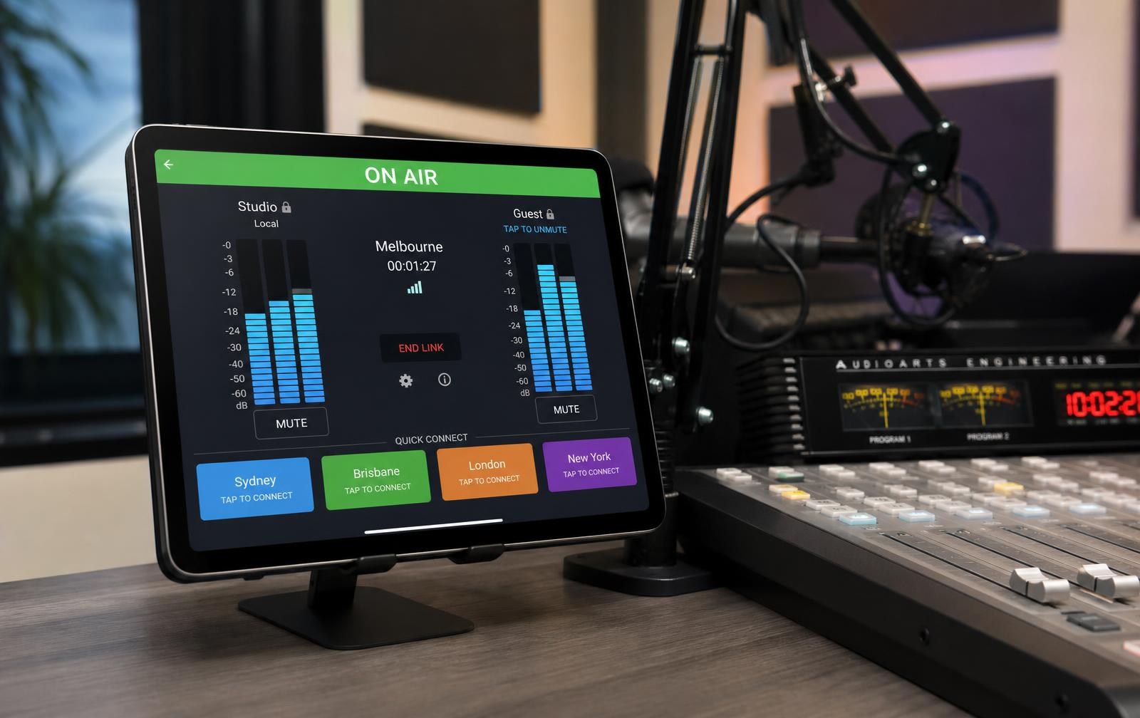 Pro-Link running on a tablet next to a radio studio mixing desk, showing meters and Quick Connect buttons