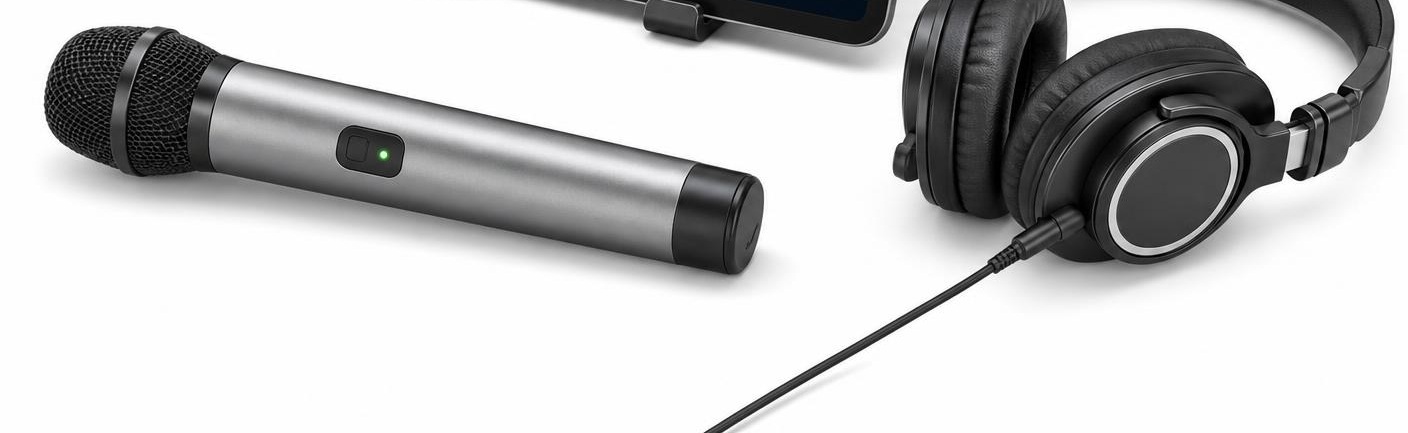 Wireless USB microphone, USB receiver and wired headphones for use with Pro-Link